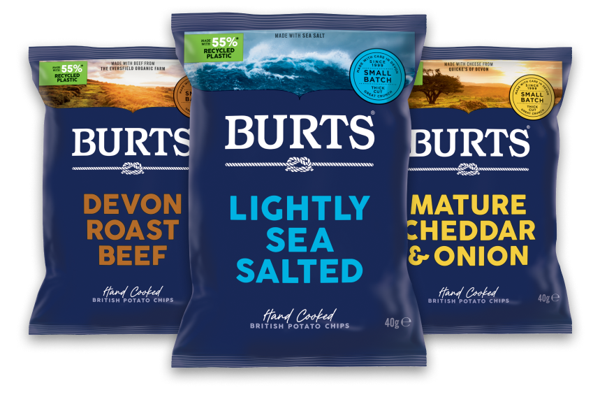 Three packs of burts with the recycle logo on them